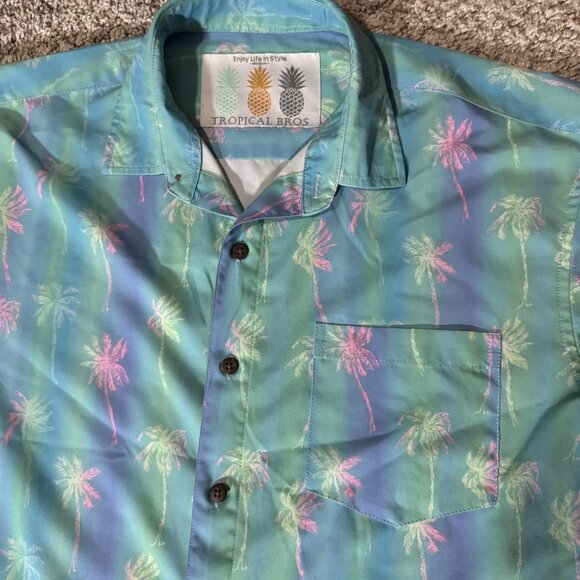 Tropical Bros Shirt Mens Medium Blue Green Palm Tree Hawaiian Aloha Button Up - Picture 2 of 7